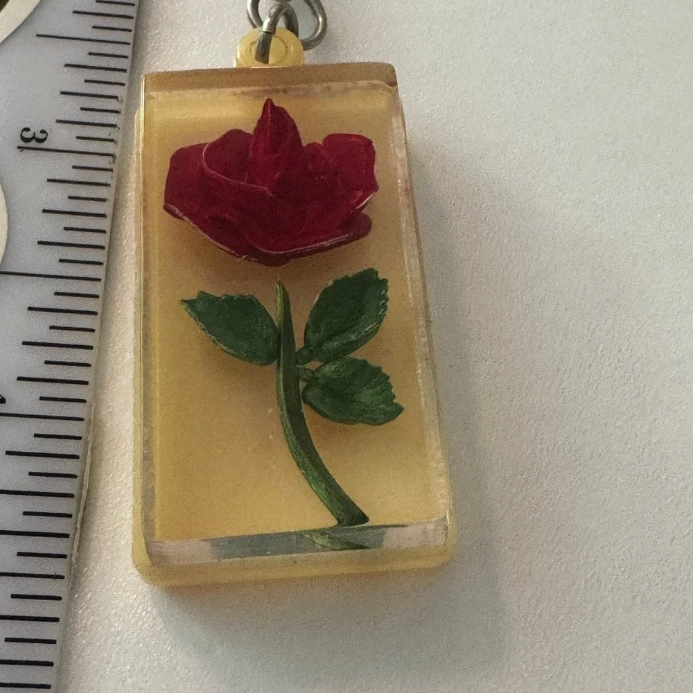 Vintage Bircraft Keychain Red Rose &Green Stem‎ Floral Charm